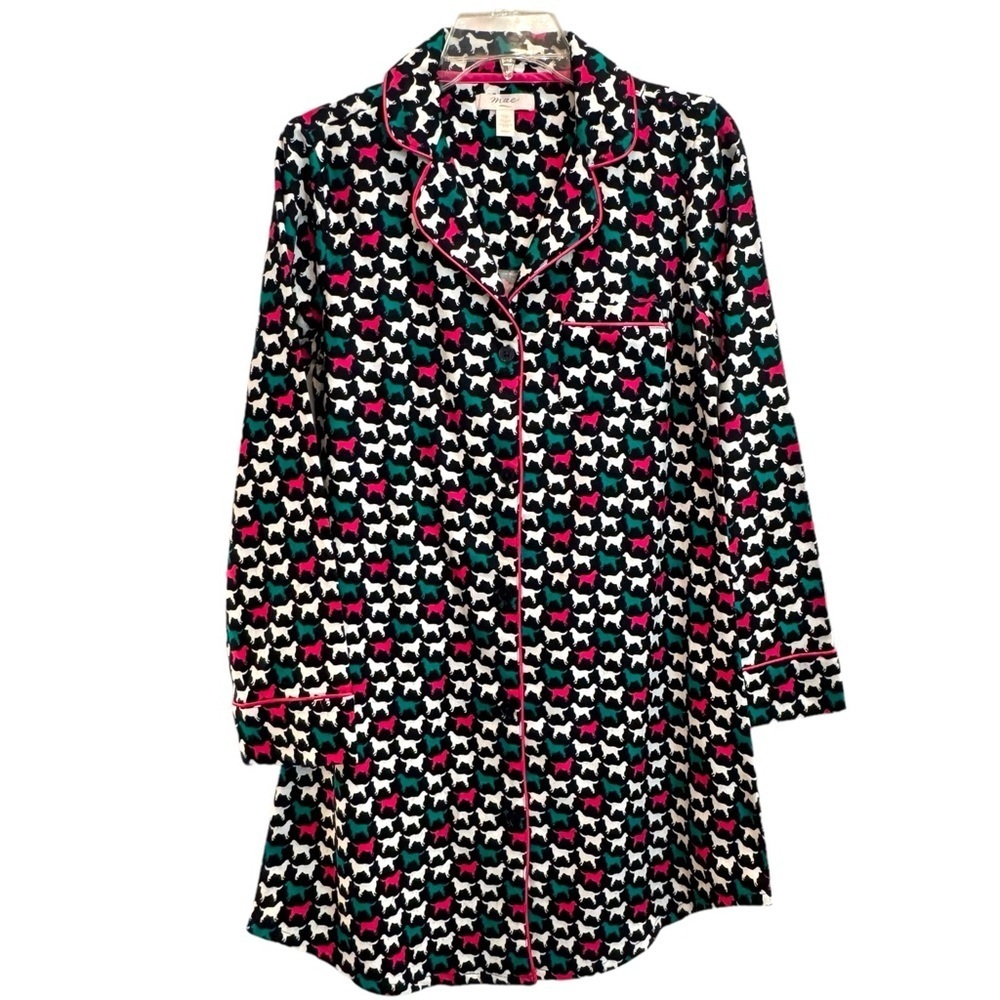 Mae Size Small Black-White-Pink-Green Dogs Notch Collar Button Front Night Shirt